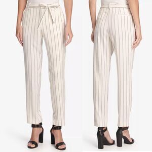 NWT DKNY 4P Essex Tie-Waist Pinstriped Ankle Pants - white black stripe